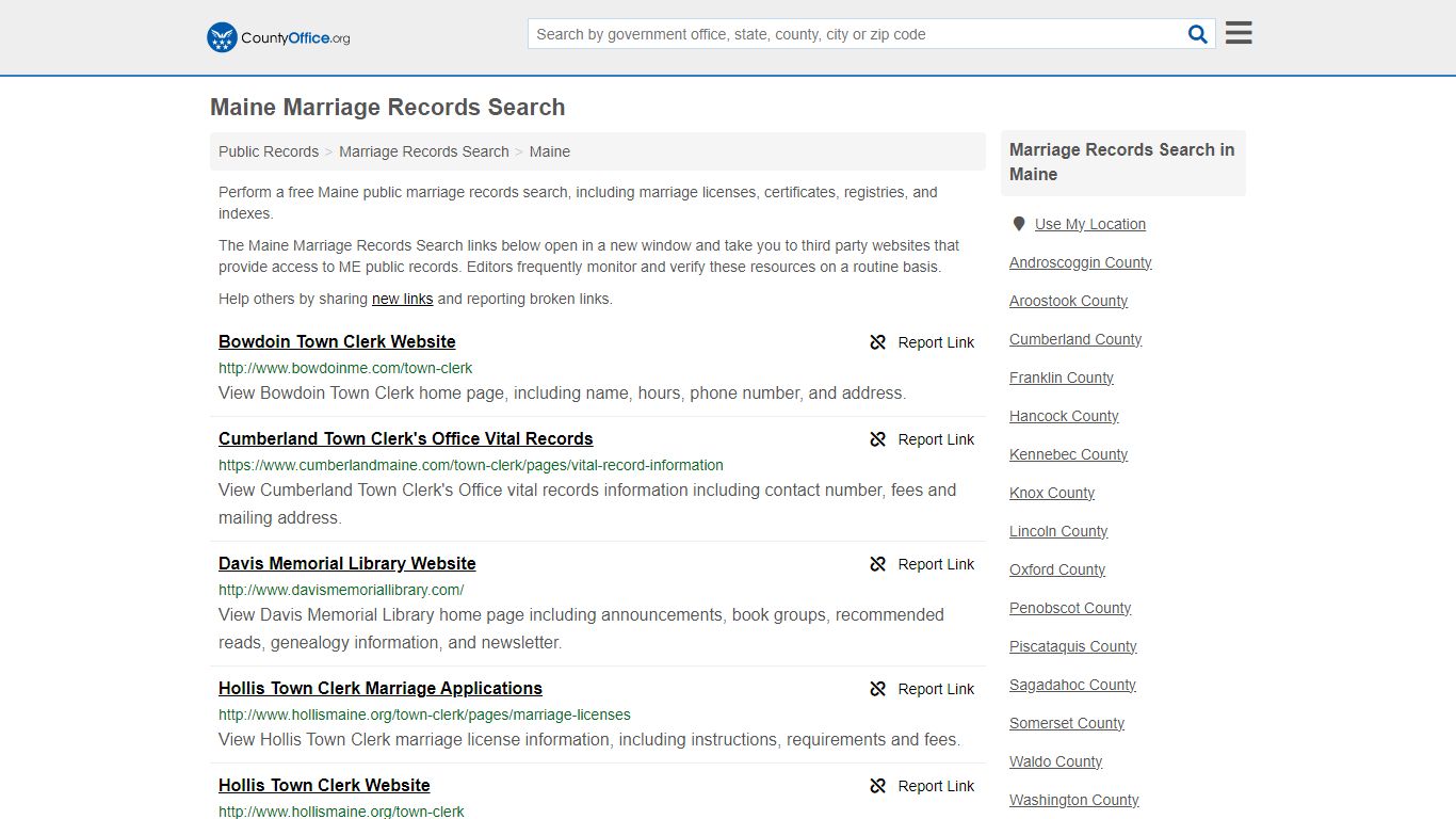 Maine Marriage Records Search - County Office